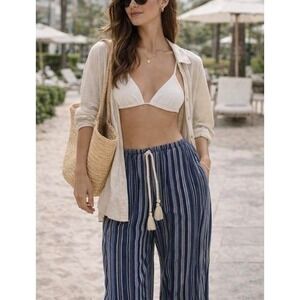 Becca Rebecca Virtue Crochet Beach Pants M Blue Striped Side Slit NWT Resortwear